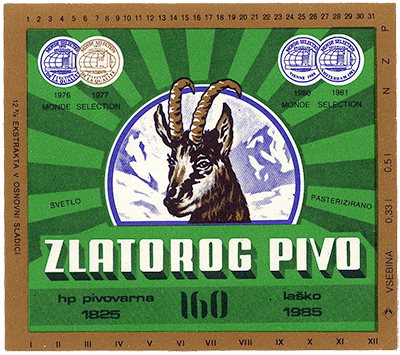 ZLATOROG PIVO, 1985, svetlo pivo s stopnjo alkohola okoli 4,5 %.
